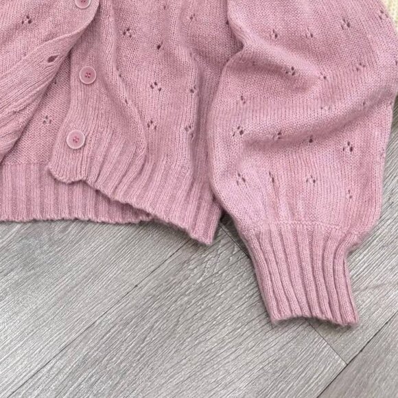 Pink Knit Button Up Cardigan With Ruffle Collar - Picture 4 of 4